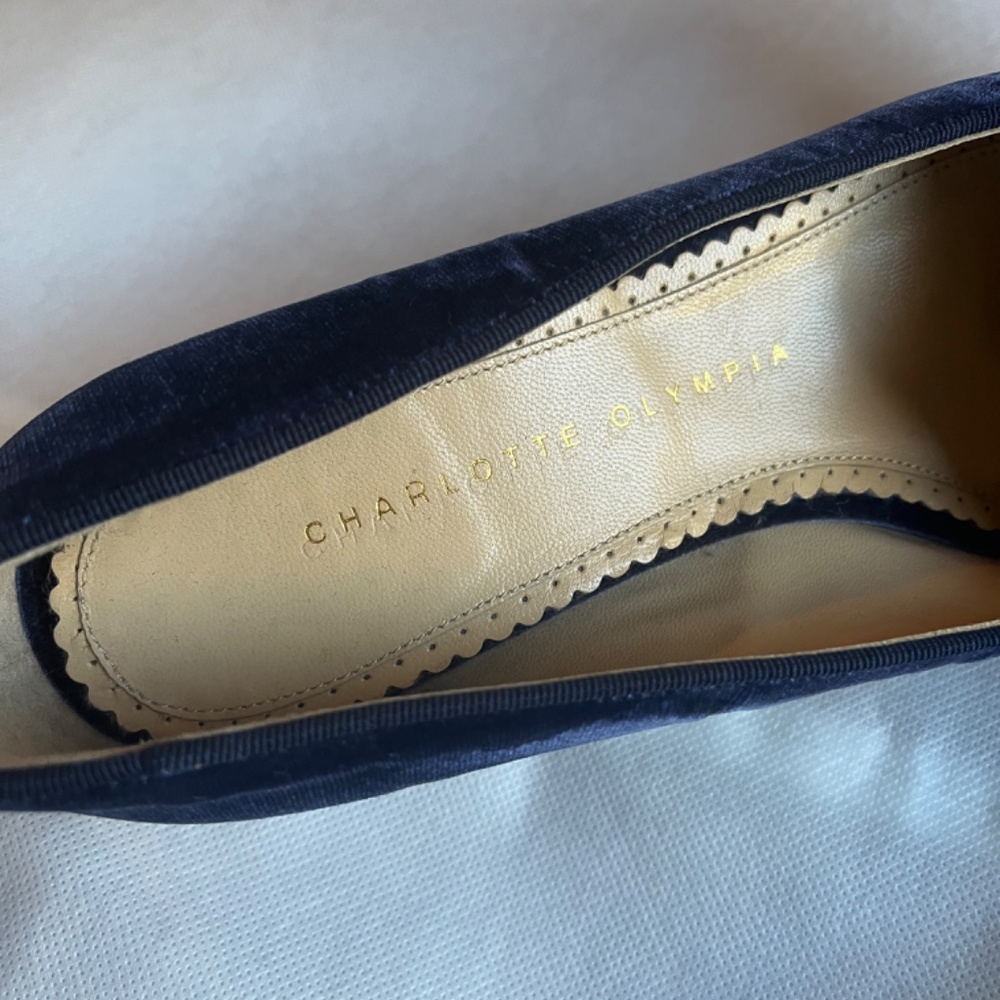 Charlotte Olympia Navy Velvet Spider Web Embroidered Flats - Picture 6 of 9